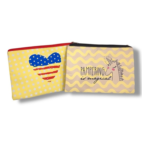 Set Of Two Makeup Bags Perfectly Posh Yellow Travel Cosmetic Storage Unicorn - Picture 1 of 13